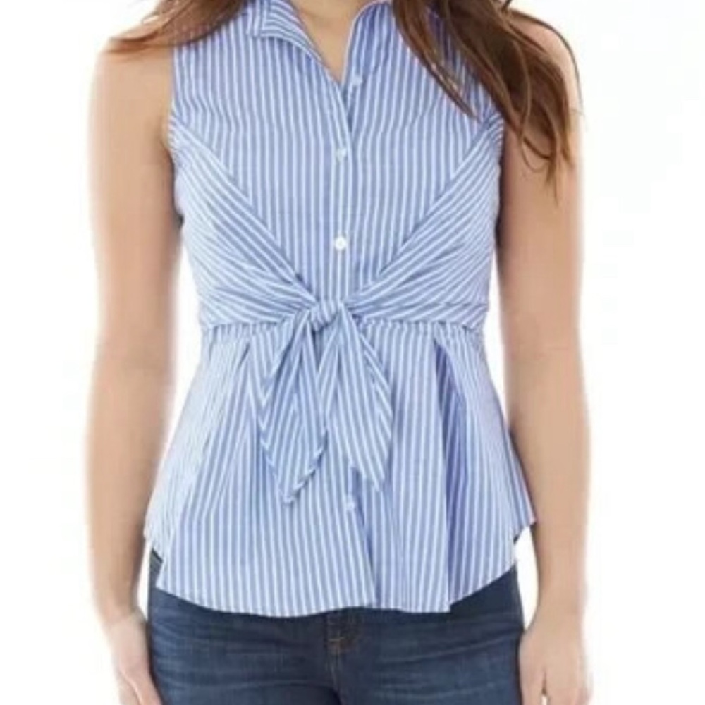 Iz Byer Blue and White Striped Tie-Front Blouse